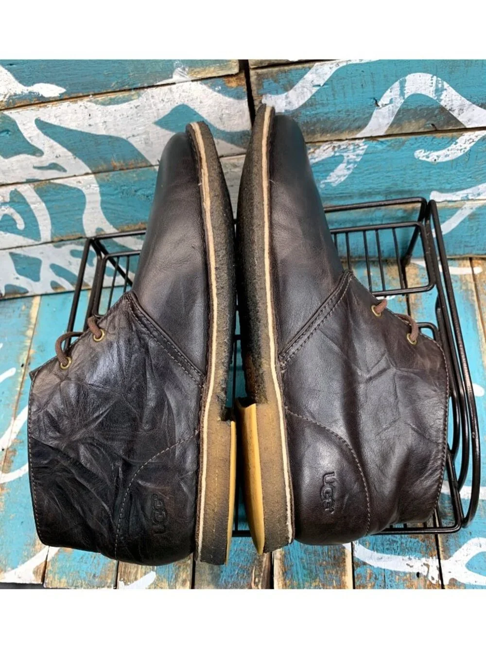 UGG Leighton Chocolate Brown Crinkled Leather Lace-Up Chukka Boots Mens Sz 10